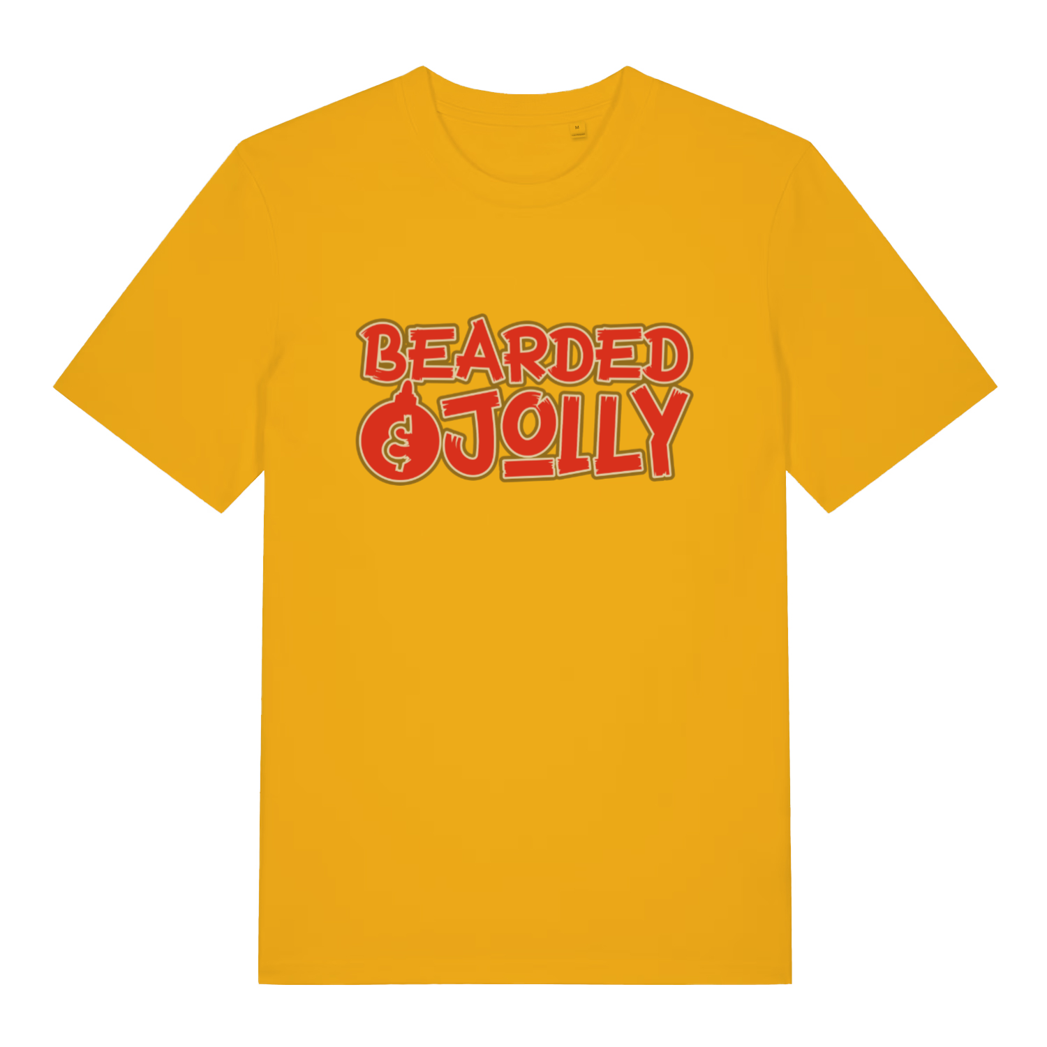 Bright yellow Bearded & Jolly T-shirt flat lay highlighting fun Christmas bauble O in "Bearded & Jolly" slogan on vibrant tee