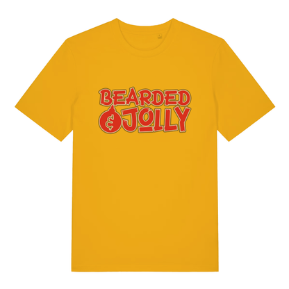 Bright yellow Bearded & Jolly T-shirt flat lay highlighting fun Christmas bauble O in "Bearded & Jolly" slogan on vibrant tee