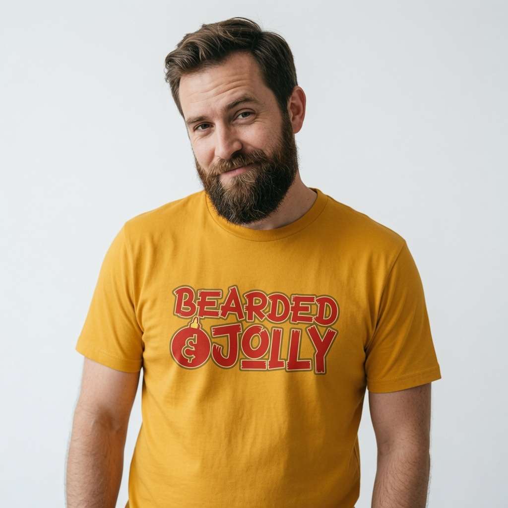 Man in yellow Bearded & Jolly t-shirt, funny christmas gift tee for the hirsute