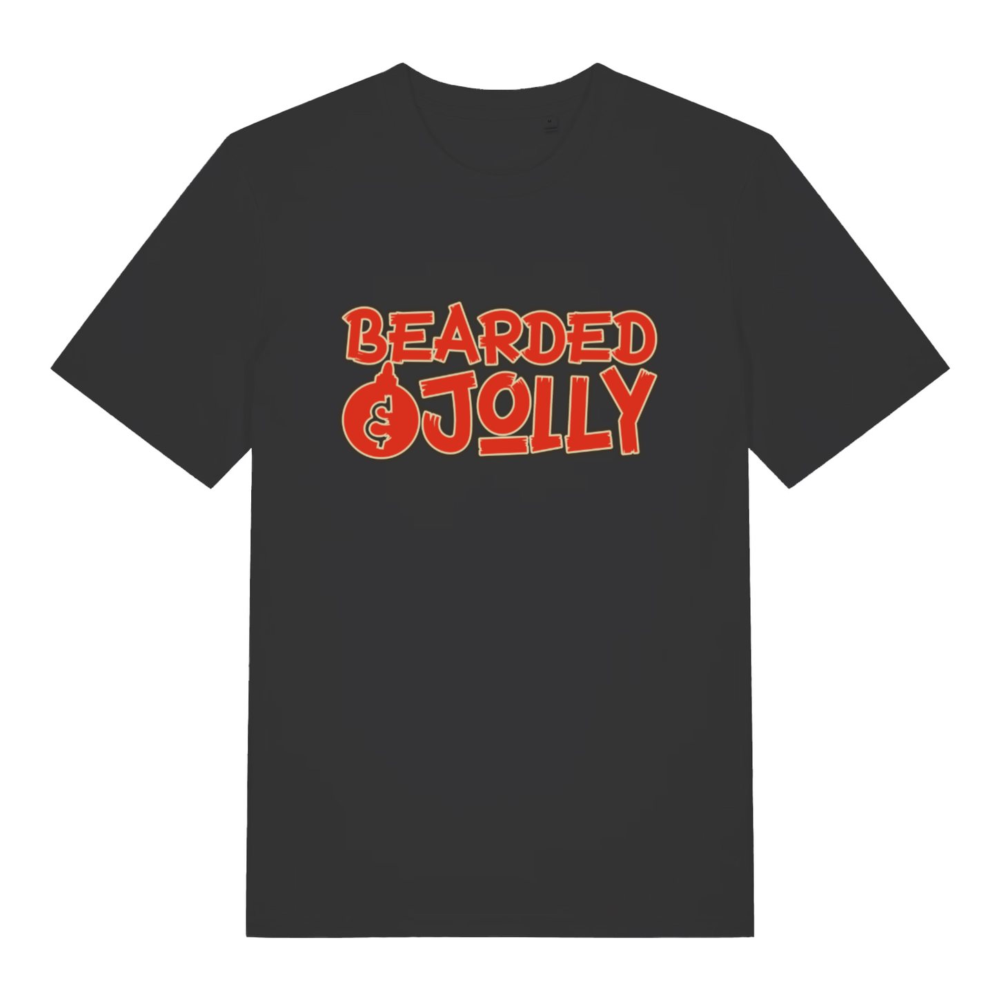 Black Bearded & Jolly T-shirt flat lay with bold red text and bauble O design perfect funny Christmas top for bearded men