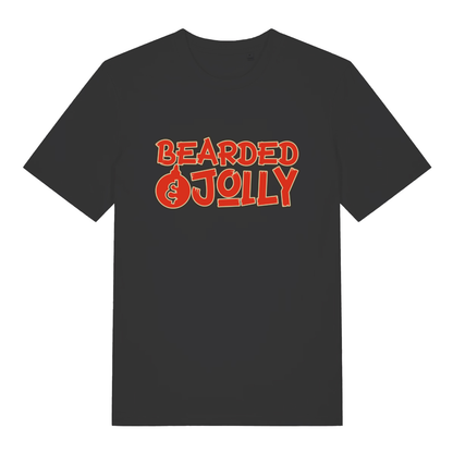 Black Bearded & Jolly T-shirt flat lay with bold red text and bauble O design perfect funny Christmas top for bearded men