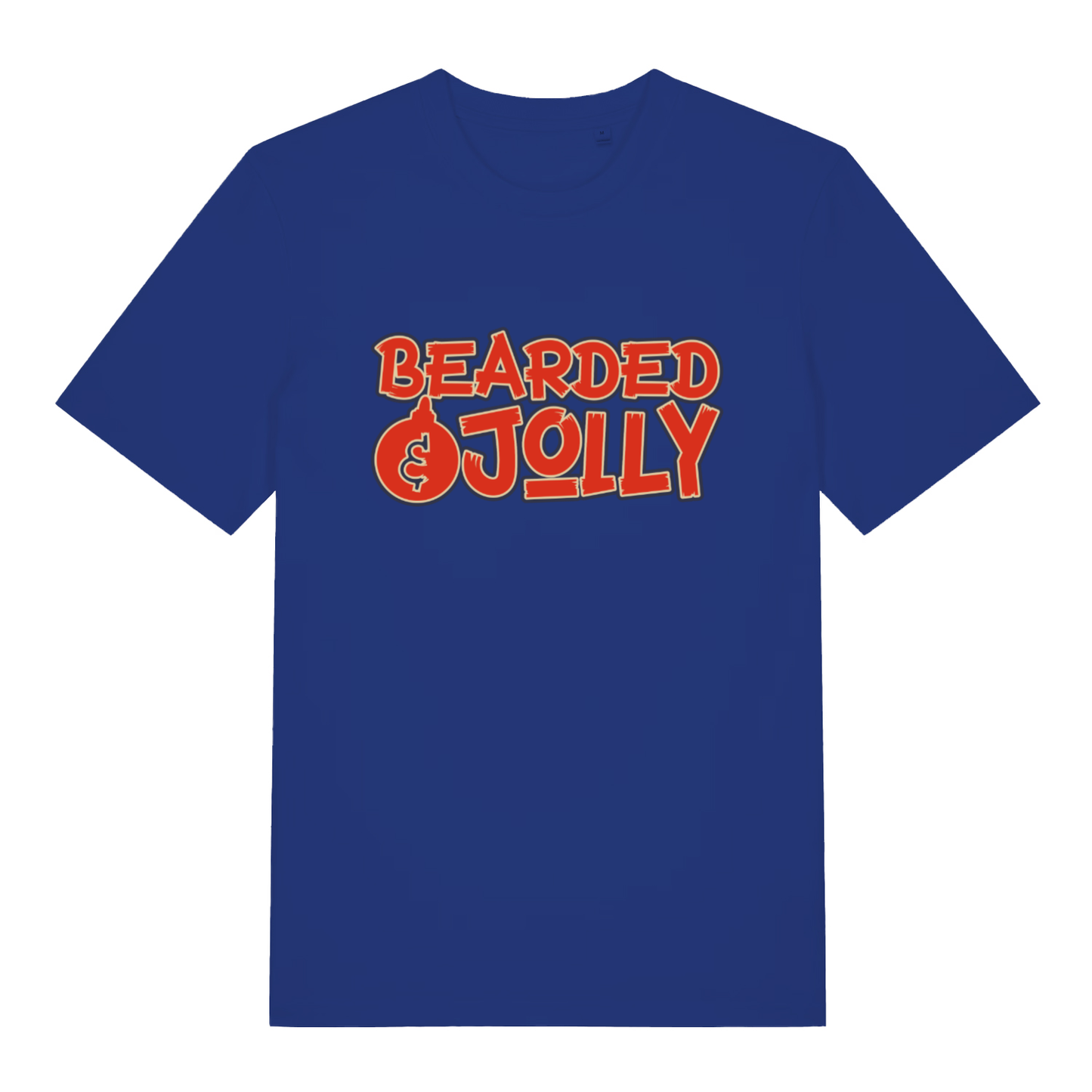 Royal blue Bearded & Jolly T-shirt flat lay featuring cheeky festive slogan with Christmas bauble replacing the O on premium cotton