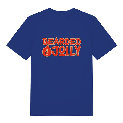 Royal blue Bearded & Jolly T-shirt flat lay featuring cheeky festive slogan with Christmas bauble replacing the O on premium cotton