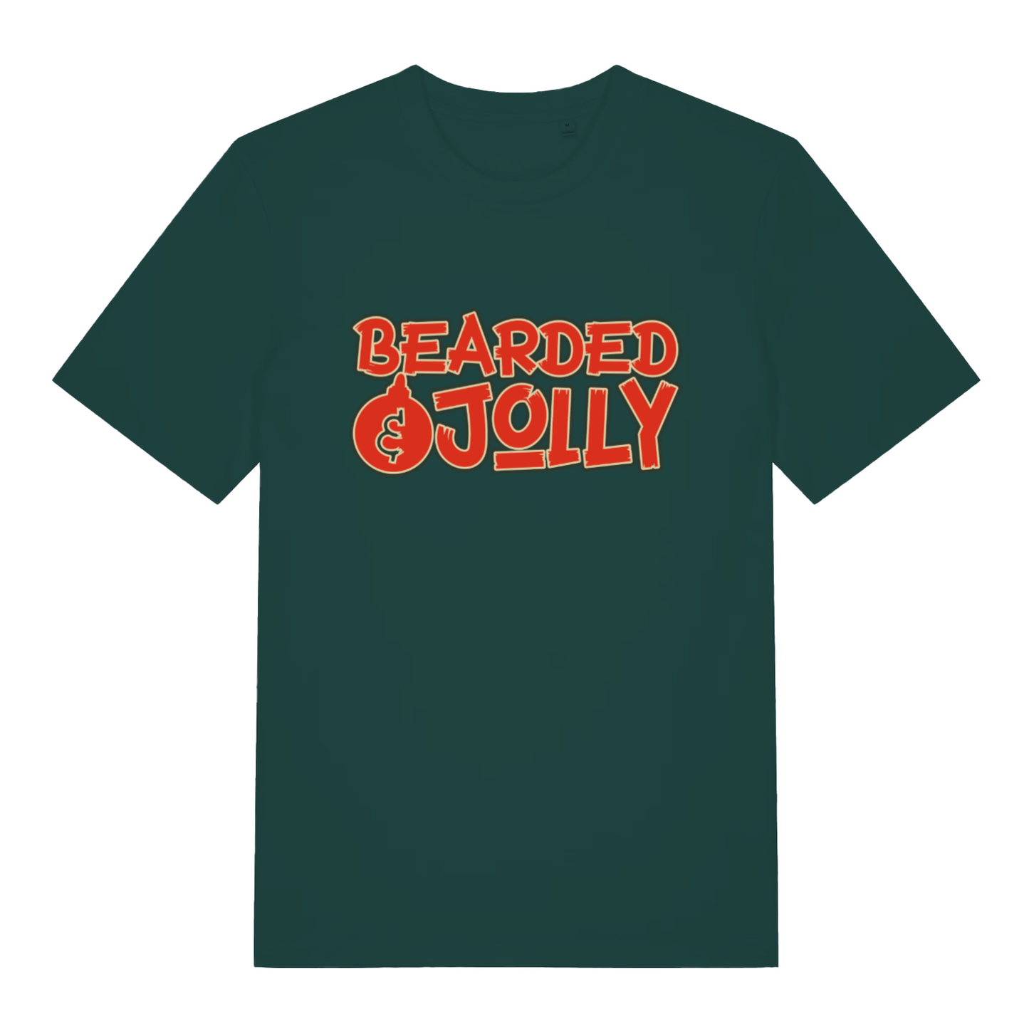 Glazed green Bearded & Jolly T-shirt flat lay showing fun witty "Bearded & Jolly" text design ideal Xmas gift for men with beards