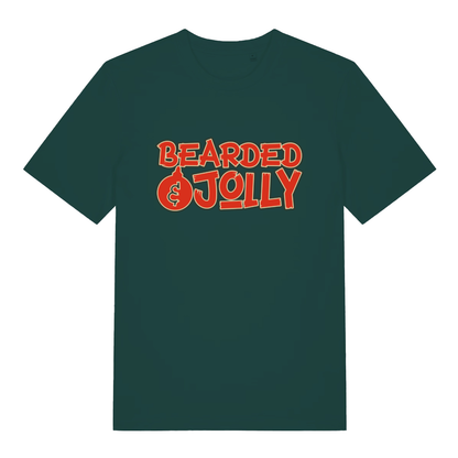 Glazed green Bearded & Jolly T-shirt flat lay showing fun witty "Bearded & Jolly" text design ideal Xmas gift for men with beards