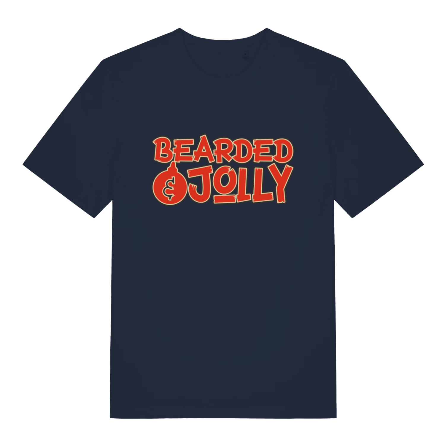 Navy Bearded & Jolly T-shirt flat lay with humorous bauble lettering and festive slogan for bearded Christmas parties