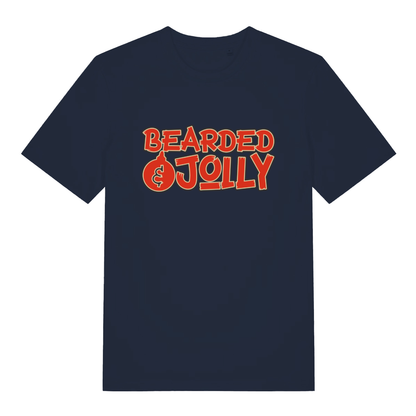 Navy Bearded & Jolly T-shirt flat lay with humorous bauble lettering and festive slogan for bearded Christmas parties