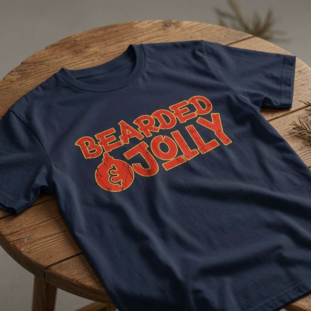 Navy Bearded & Jolly slogan t-shirt on wood, funny witty men with beards xmas party tee