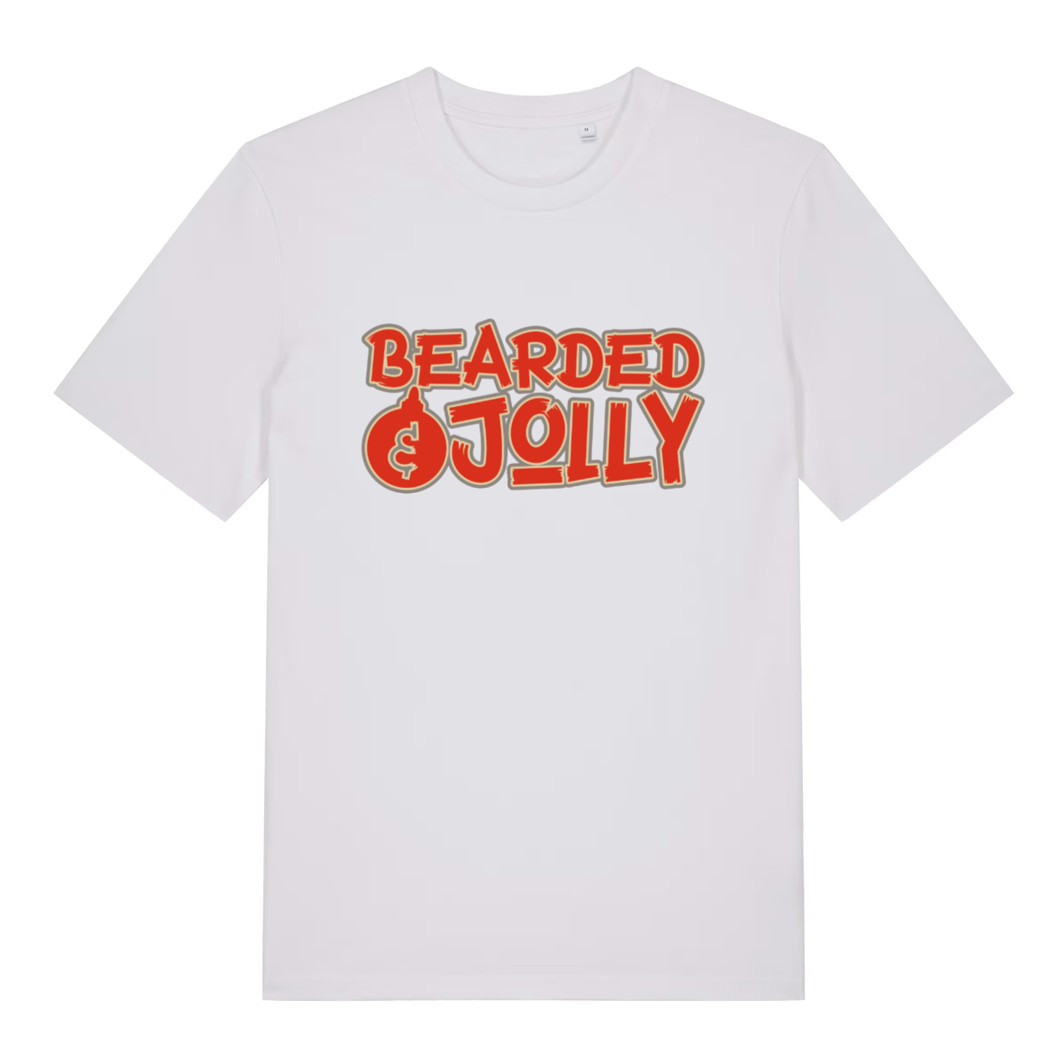 White Bearded & Jolly T-shirt flat lay displaying bold red and gold text design perfect for holiday banter and bearded men