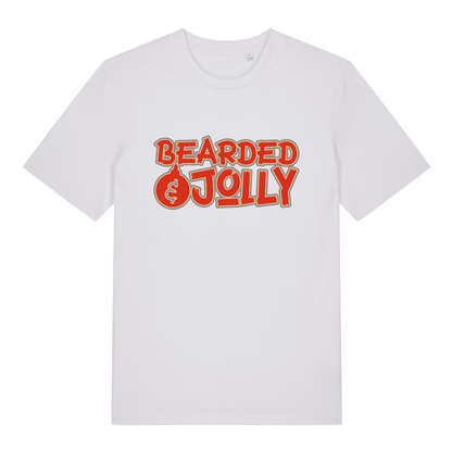 White Bearded & Jolly T-shirt flat lay displaying bold red and gold text design perfect for holiday banter and bearded men