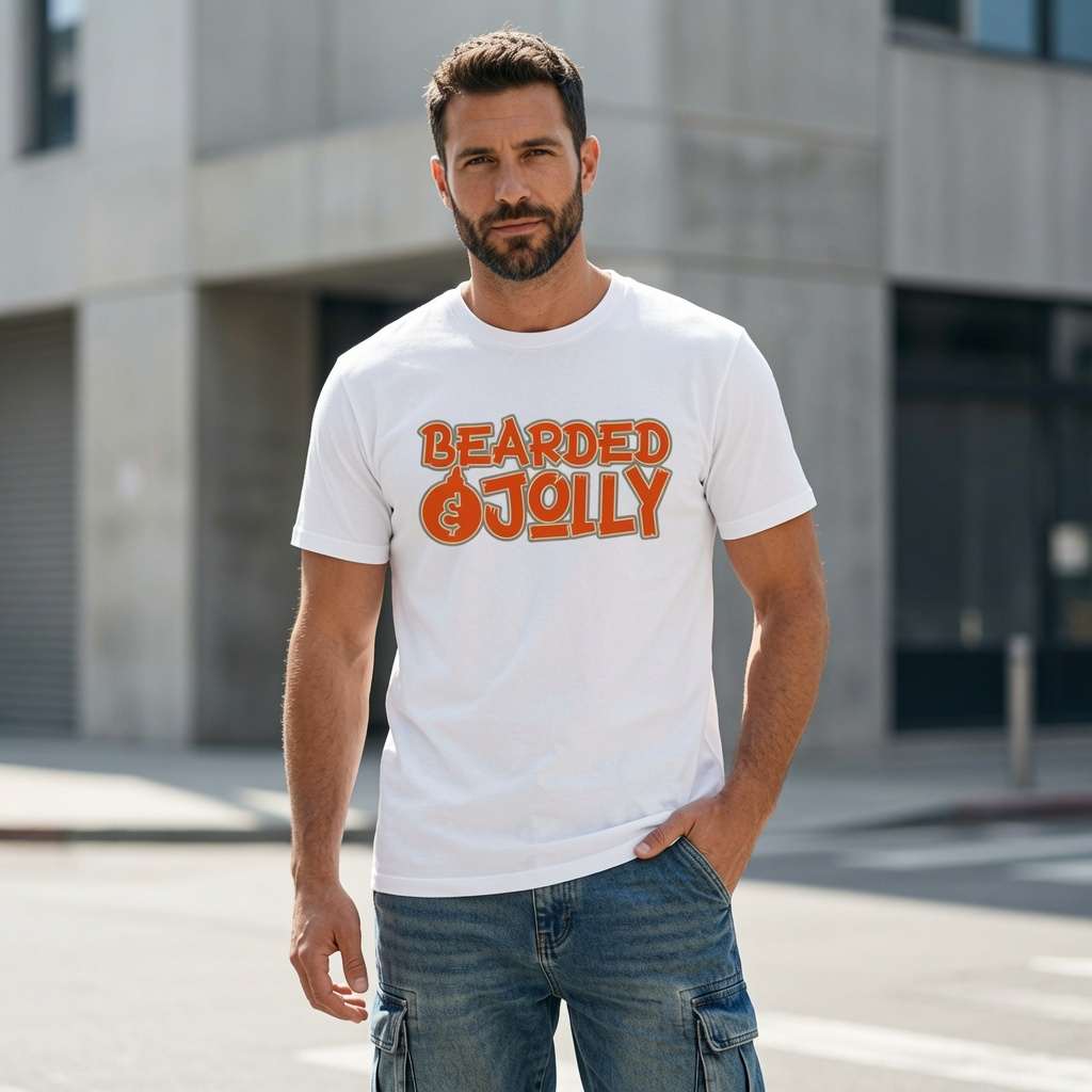 Man in white Bearded & Jolly t-shirt, funny witty bearded xmas party tee