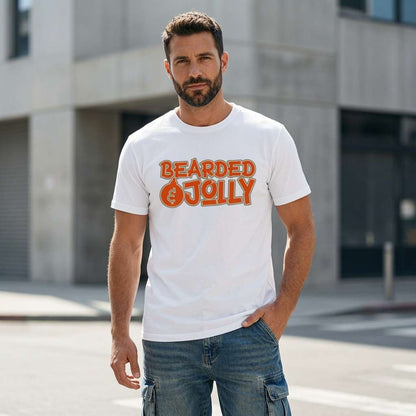 Man in white Bearded & Jolly t-shirt, funny witty bearded xmas party tee