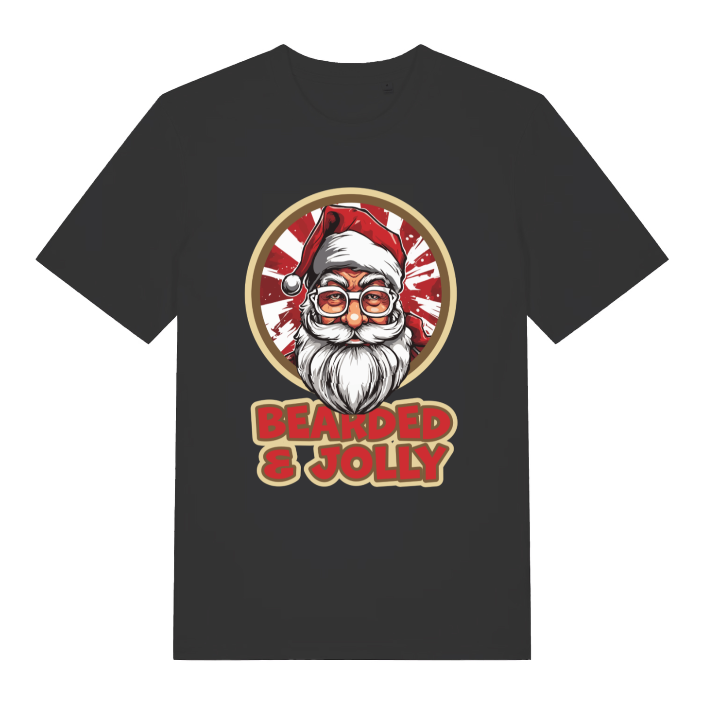 Black Bearded & Jolly Santa T-shirt flat lay showing cartoon Santa graphic with red burst and bold festive slogan on premium black cotton