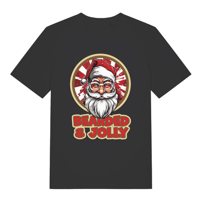 Black Bearded & Jolly Santa T-shirt flat lay showing cartoon Santa graphic with red burst and bold festive slogan on premium black cotton