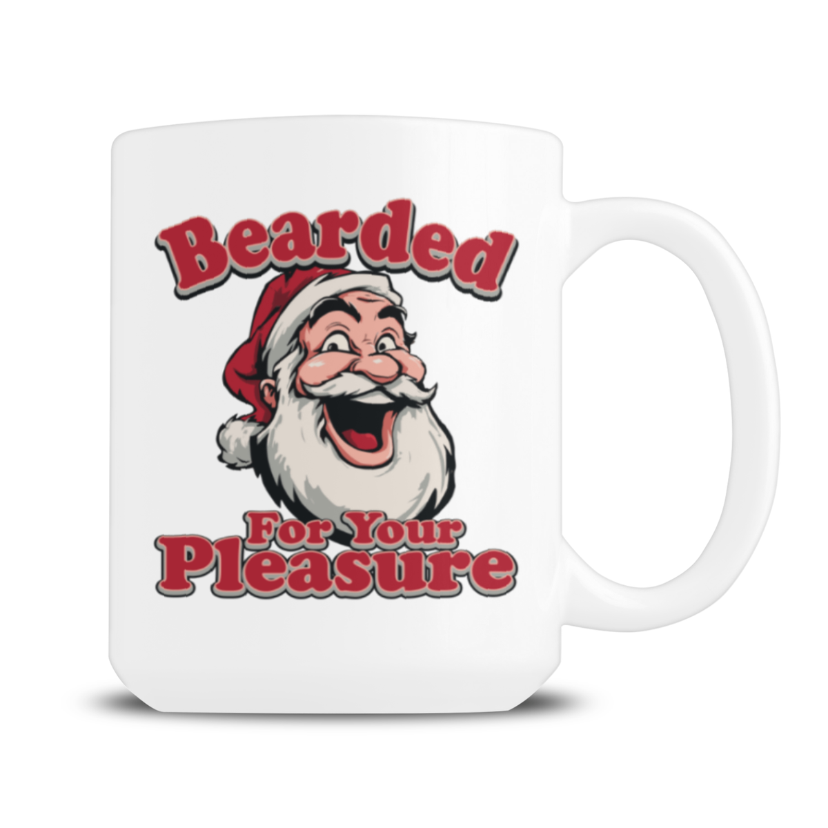 A white ceramic coffee mug featuring a cartoon illustration of a smiling bearded man in a Santa hat, with the text 'Bearded For Your Pleasure' in red and white lettering.