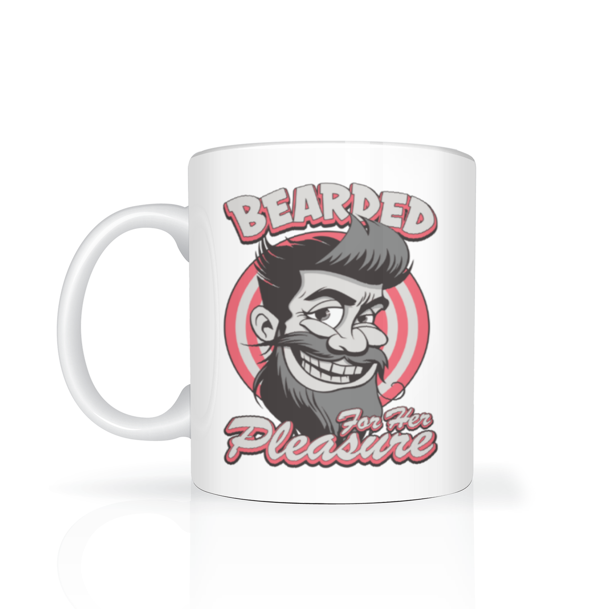White ceramic mug featuring a retro pinup-style mustached man, red target rings, and the words “Bearded for the Pleasure”; playful vintage tone.