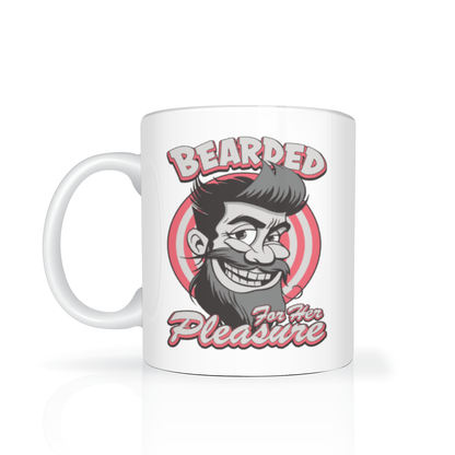White ceramic mug featuring a retro pinup-style mustached man, red target rings, and the words “Bearded for the Pleasure”; playful vintage tone.