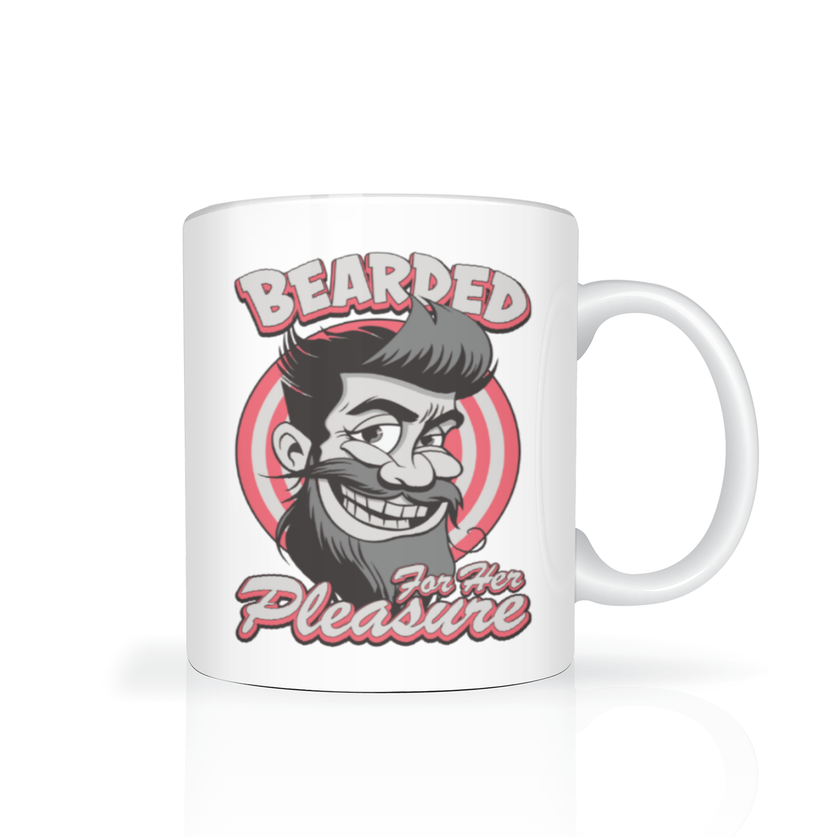 White ceramic mug with a bold retro logo of a grinning, bearded man and the words “Bearded for Her Pleasure,” in red and gray; playful tone.