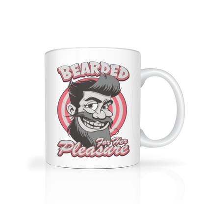 White ceramic mug with a bold retro logo of a grinning, bearded man and the words “Bearded for Her Pleasure,” in red and gray; playful tone.