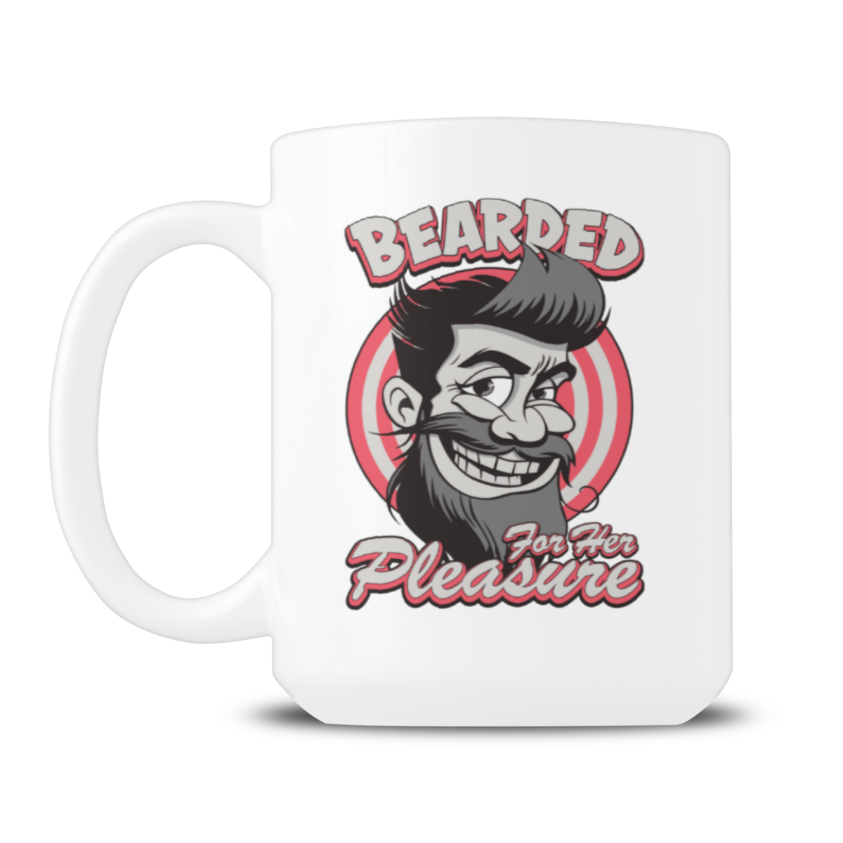 White mug featuring a retro bearded-man illustration inside a red target, with the slogan “Bearded for Her Pleasure”; playful, cheeky tone.