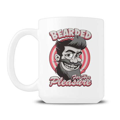White mug featuring a retro bearded-man illustration inside a red target, with the slogan “Bearded for Her Pleasure”; playful, cheeky tone.