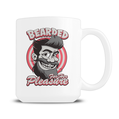 White ceramic mug featuring a retro cartoon of a grinning, bearded man inside a red target, with “BEARDED For Her Pleasure” lettering; playful, cheeky tone.