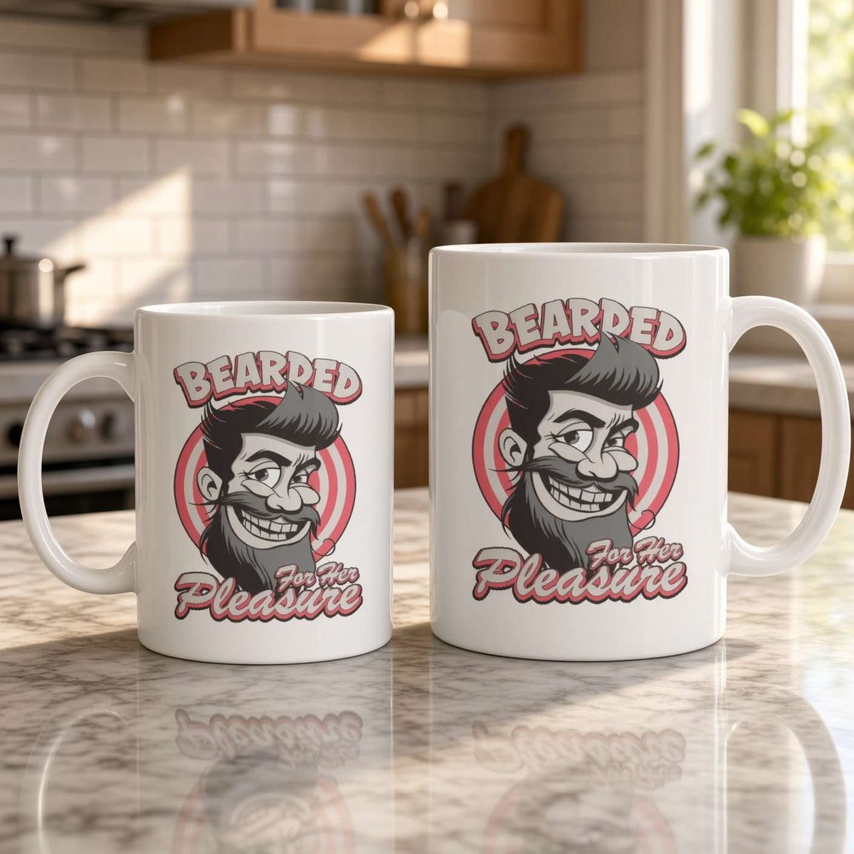 Two white ceramic mugs on a reflective kitchen counter, printed with a smiling bearded man and the words “Bearded for Your Pleasure”; warm, playful tone.