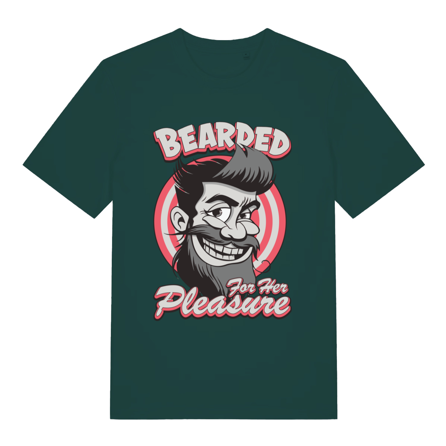 Dark green Bearded For Her Pleasure T-shirt flat lay with cheeky cartoon bearded man graphic and funny slogan on premium cotton