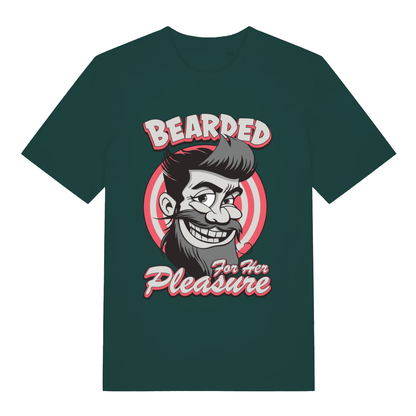 Dark green Bearded For Her Pleasure T-shirt flat lay with cheeky cartoon bearded man graphic and funny slogan on premium cotton