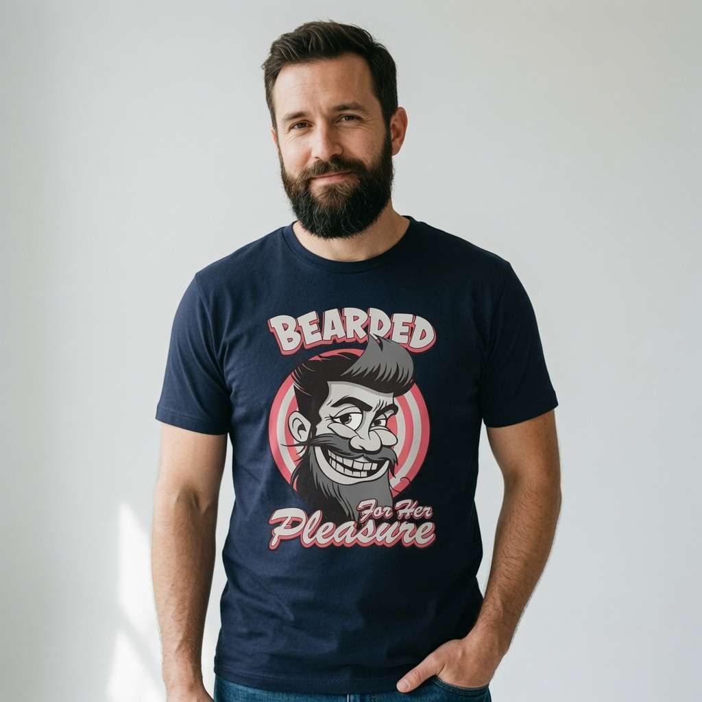 Man in navy Bearded For Her Pleasure tee, funny witty bearded man graphic logo shirt