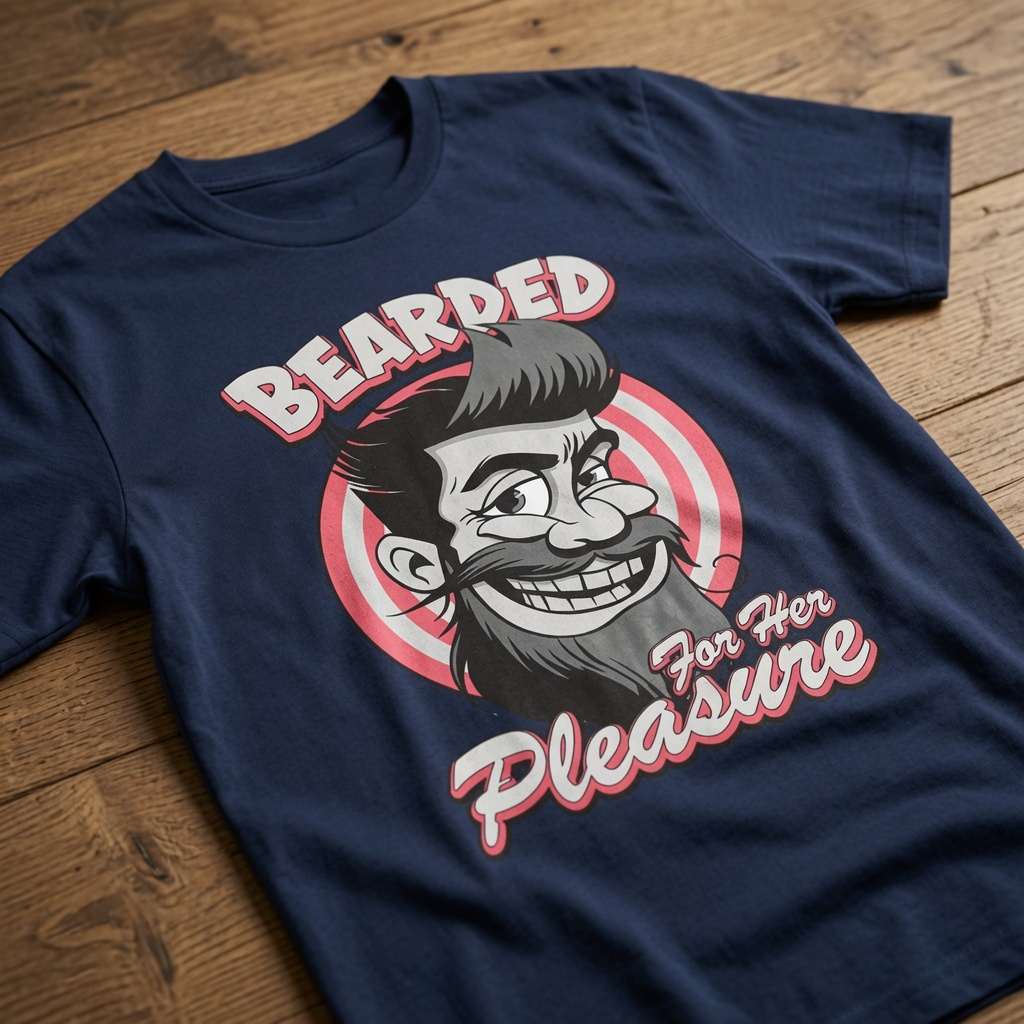 Navy Bearded For Her Pleasure slogan t-shirt on wood, witty bearded man graphic logo shirt