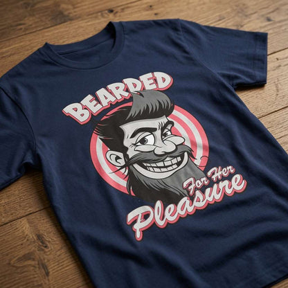 Navy Bearded For Her Pleasure slogan t-shirt on wood, witty bearded man graphic logo shirt