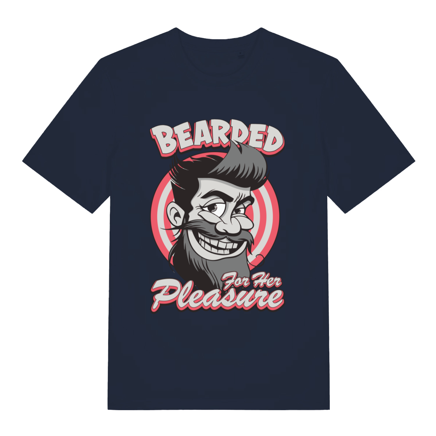 Navy Bearded For Her Pleasure T-shirt flat lay showing humorous bearded guy illustration perfect witty gift for men