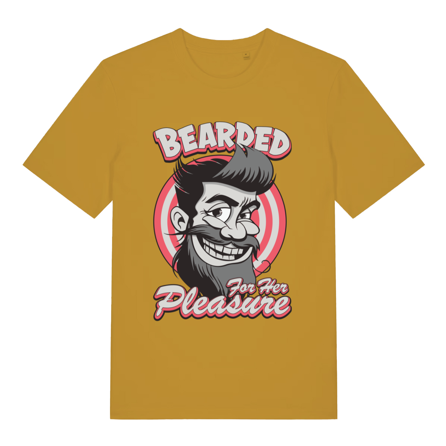 Ochre yellow Bearded For Her Pleasure T-shirt flat lay featuring bold "Bearded For Her Pleasure" text and target beard graphic