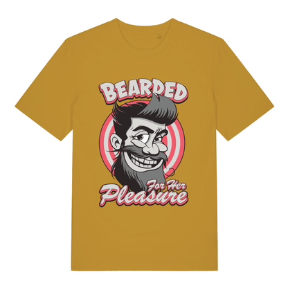 Ochre yellow Bearded For Her Pleasure T-shirt flat lay featuring bold "Bearded For Her Pleasure" text and target beard graphic