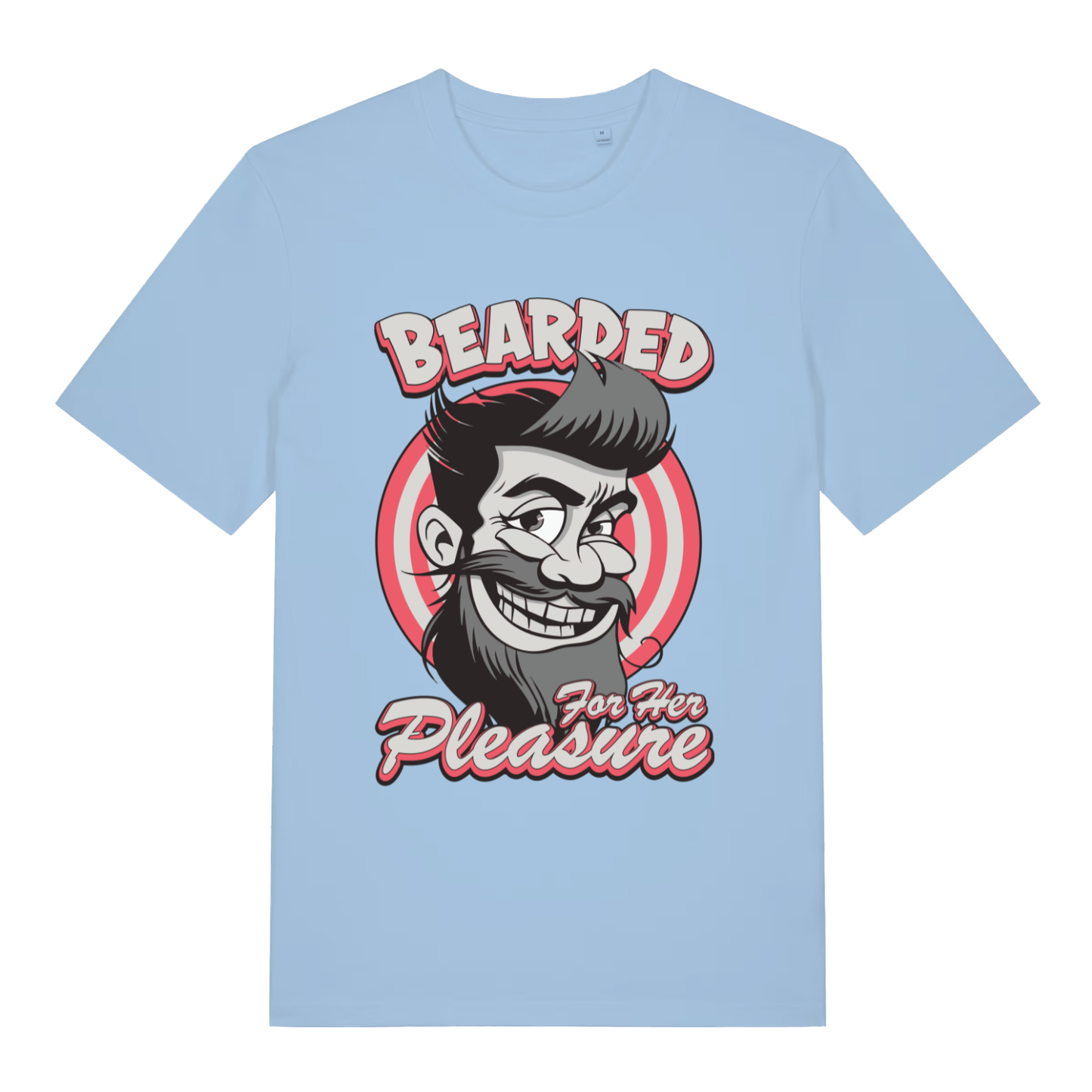Sky blue Bearded For Her Pleasure T-shirt flat lay with fun cartoon hairy man design ideal for bearded banter and Christmas gifts