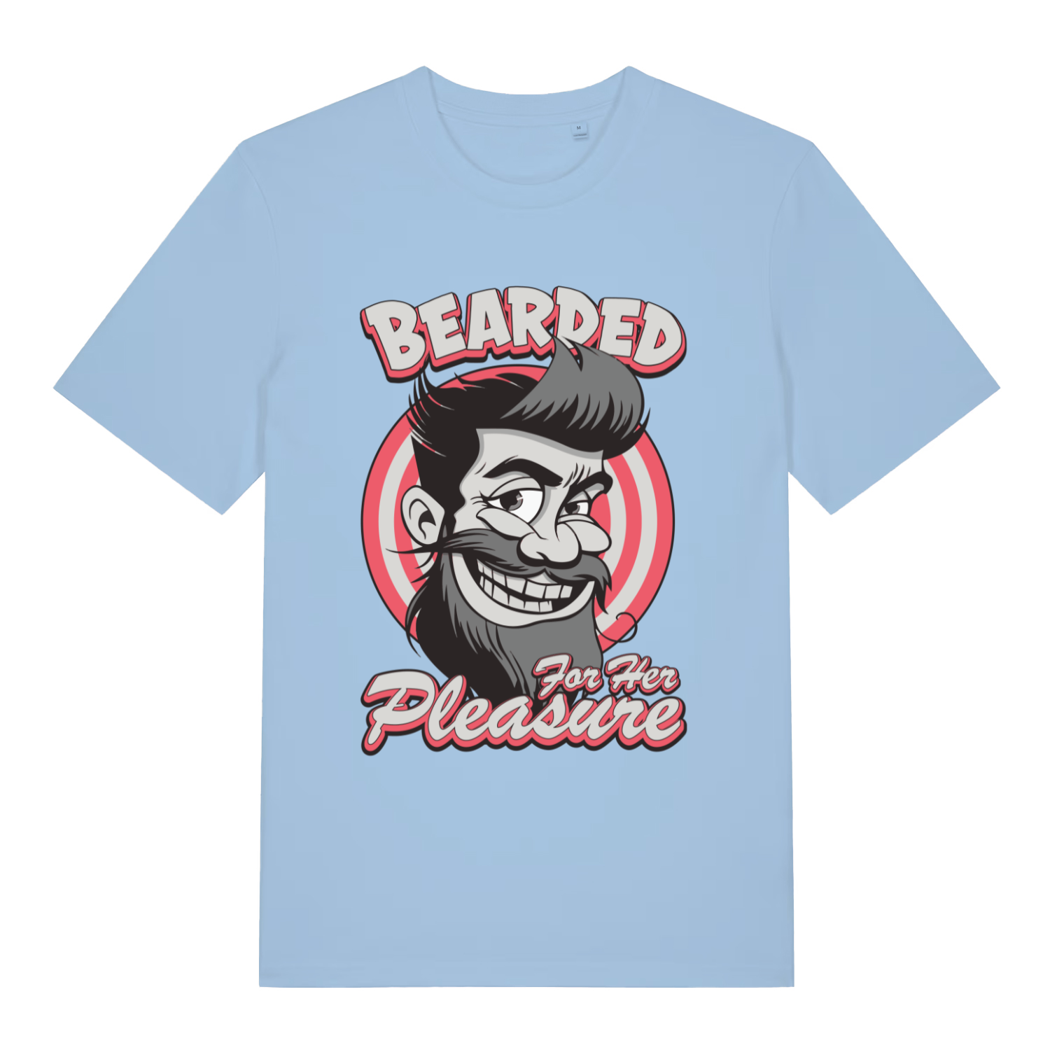 Sky blue Bearded For Her Pleasure T-shirt flat lay with fun cartoon hairy man design ideal for bearded banter and Christmas gifts