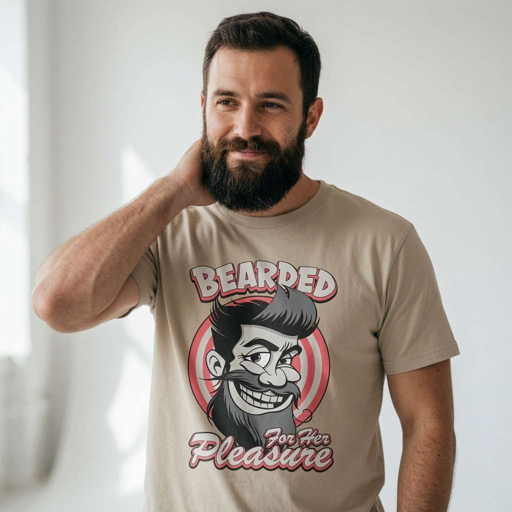 Man in stone beige Bearded For Her Pleasure t-shirt, funny hairy beard mens graphic tee