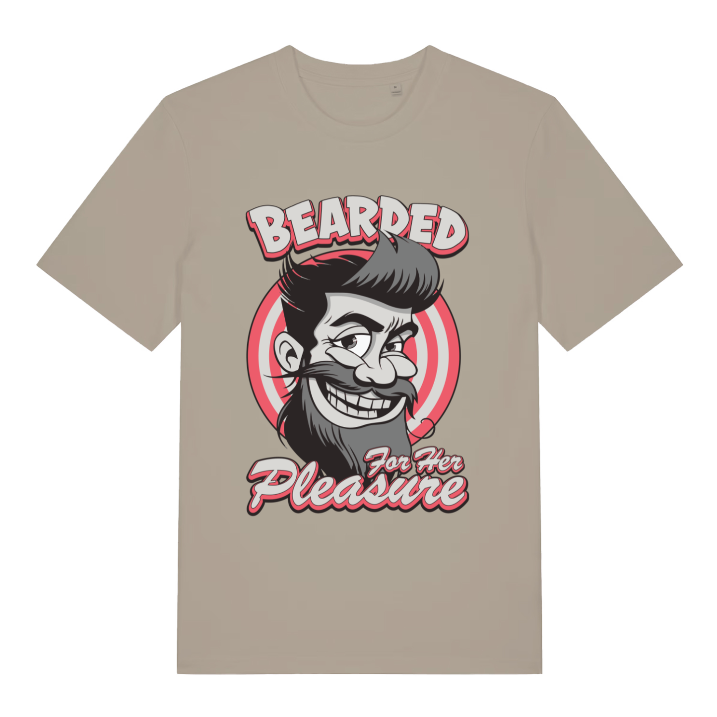 Stone Bearded For Her Pleasure T-shirt flat lay displaying cheeky bearded man logo and "For Her Pleasure" slogan on neutral tee