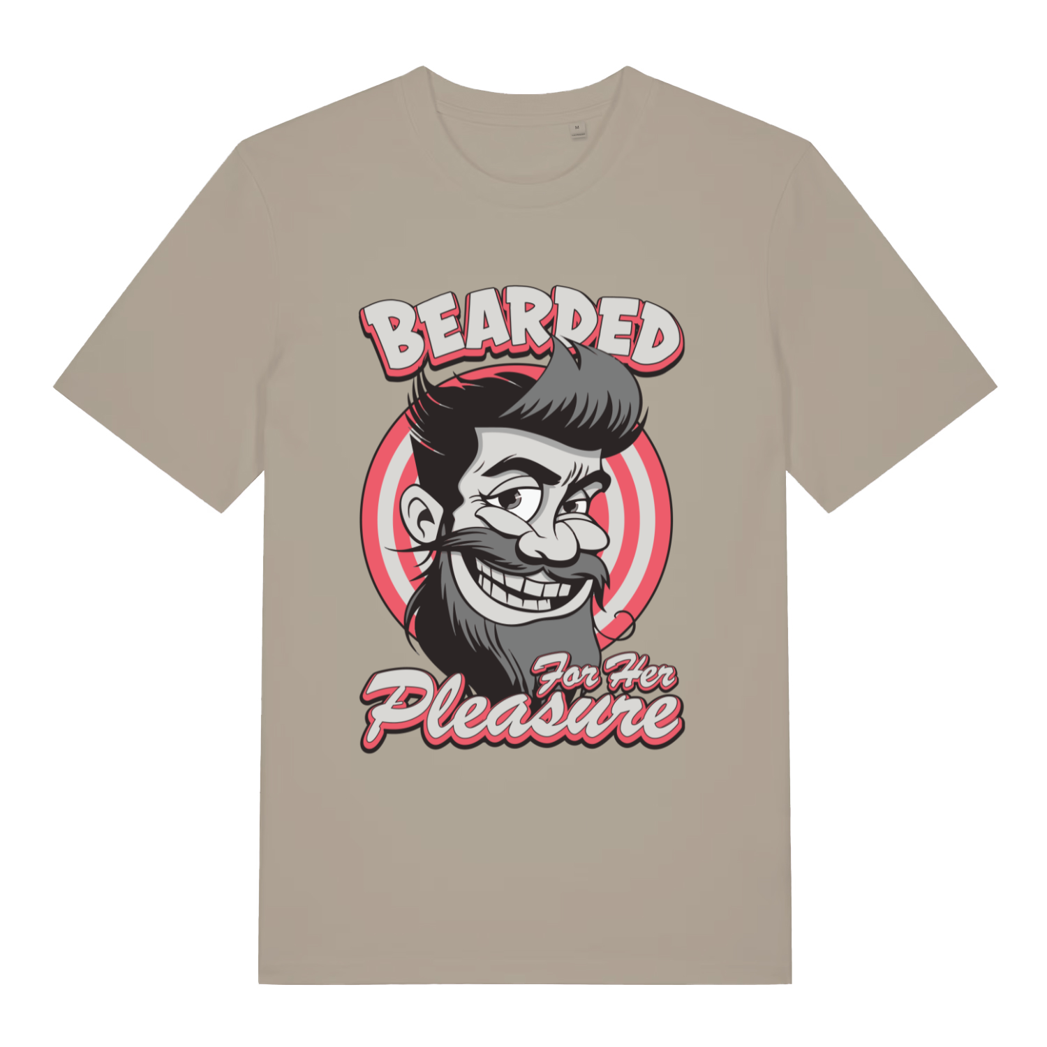 Stone Bearded For Her Pleasure T-shirt flat lay displaying cheeky bearded man logo and "For Her Pleasure" slogan on neutral tee