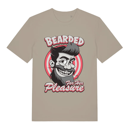 Stone Bearded For Her Pleasure T-shirt flat lay displaying cheeky bearded man logo and "For Her Pleasure" slogan on neutral tee