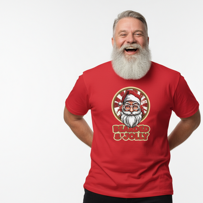 Man wearing a red Christmas slogan t-shirt with a Santa Claus graphic and 'Merry Jolly' text on a white background