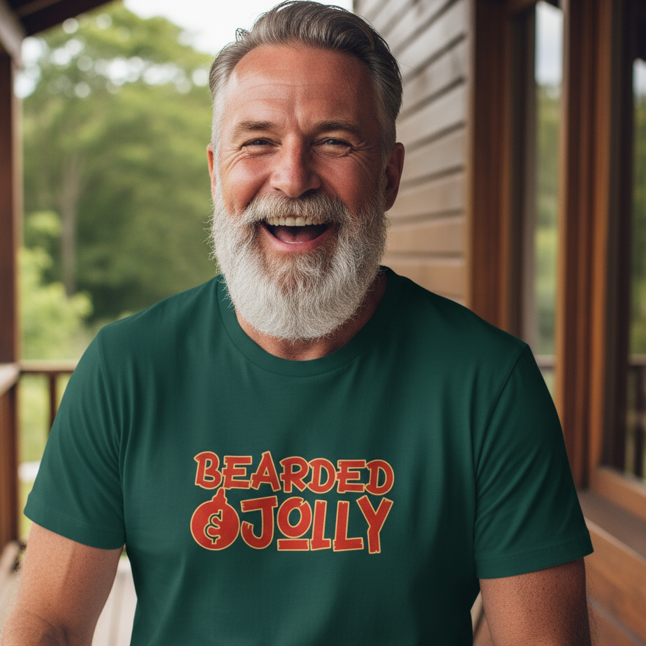 Man wearing a green Christmas Slogan t-shirt with 'Bearded & Jolly' text on a porch.