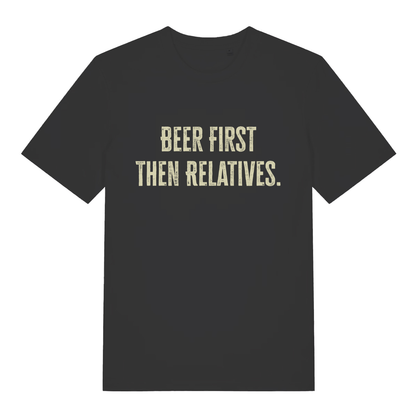 Black Beer First Then Relatives T-shirt flat lay with distressed funny Christmas slogan perfect witty pub banter top for men
