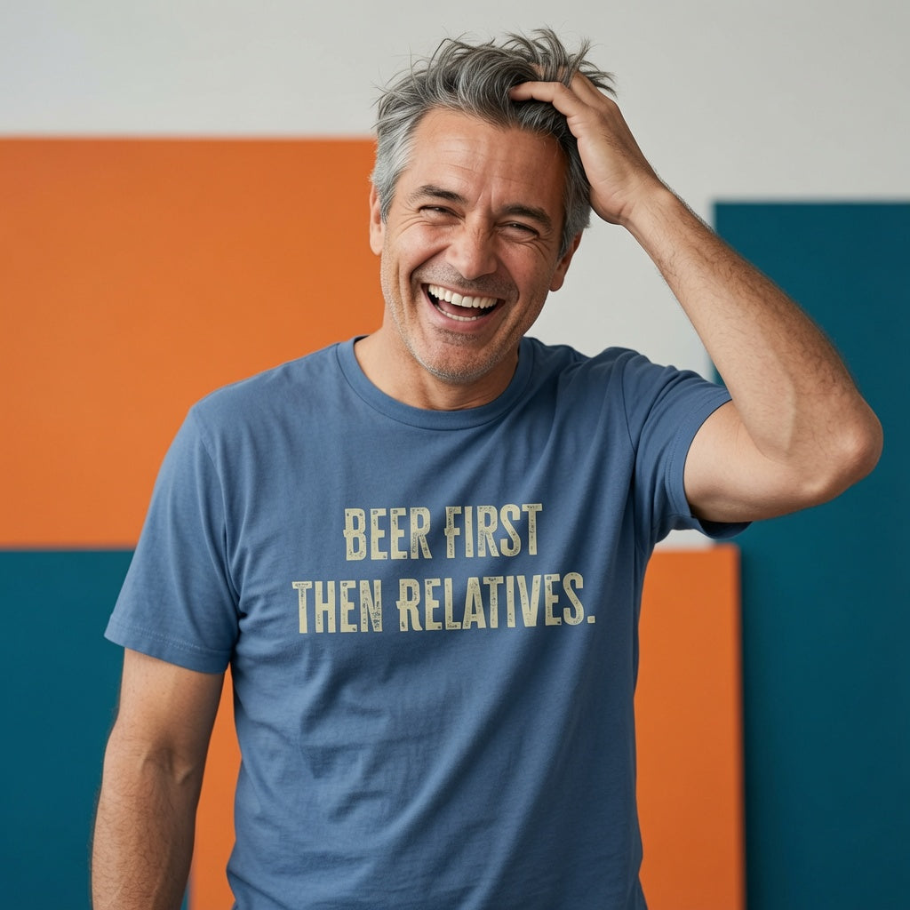 Man laughing with one hand in his hair while wearing a blue Beer First Then Relatives t-shirt, witty mens fun christmas day pub slogan design that every cheeky lad will claim