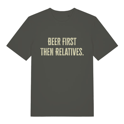 Khaki Beer First Then Relatives T-shirt flat lay featuring cheeky Christmas family banter text perfect sarcastic gift tee
