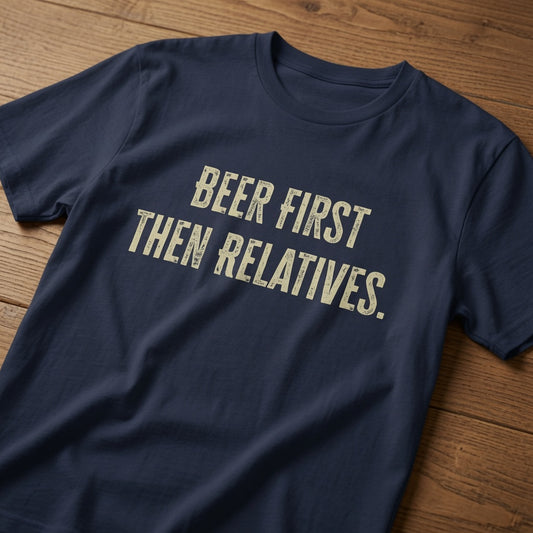 Navy Beer First Then Relatives t-shirt laid flat on a wooden surface showing the full slogan, sarcastic mens alternative christmas day design full of pure attitude