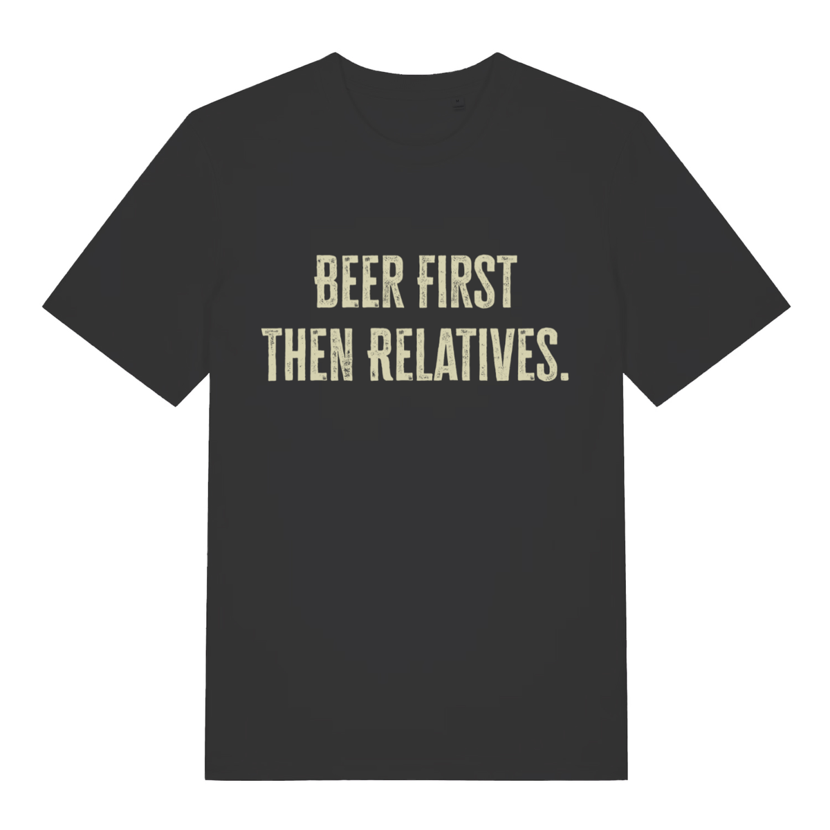 Black women's Beer First Then Relatives T-shirt flat lay with distressed funny Christmas slogan perfect relatable pub banter tee for women