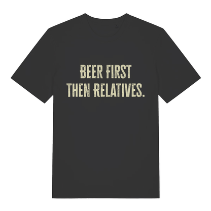 Black women's Beer First Then Relatives T-shirt flat lay with distressed funny Christmas slogan perfect relatable pub banter tee for women