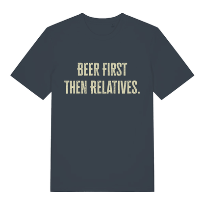 Ink grey women's Beer First Then Relatives T-shirt flat lay showing witty festive text design ideal sarcastic ladies Xmas party top